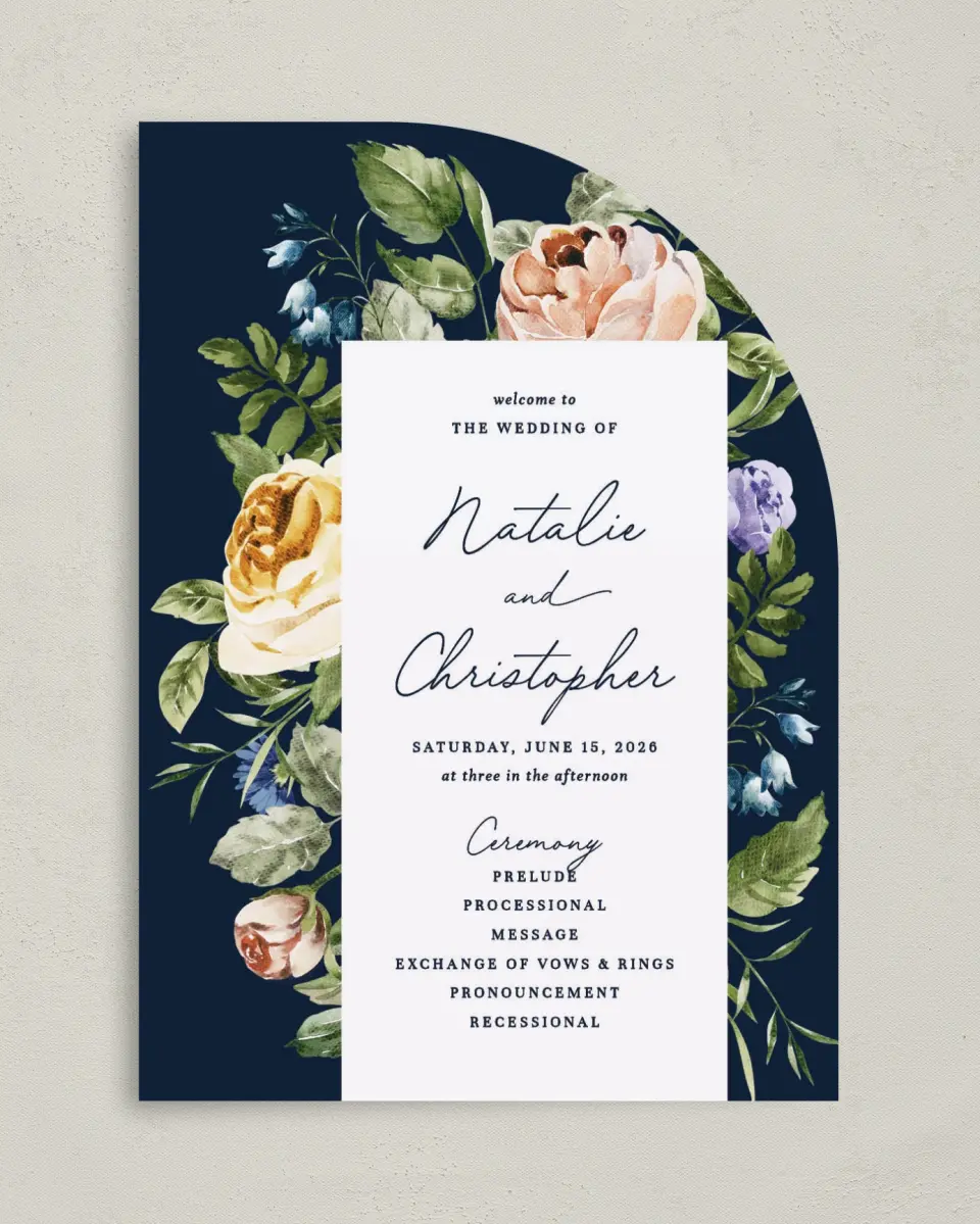 This is a 5" x 7" Tea-length Wedding Program called The Natalie printed in full color on Premium Smooth paper