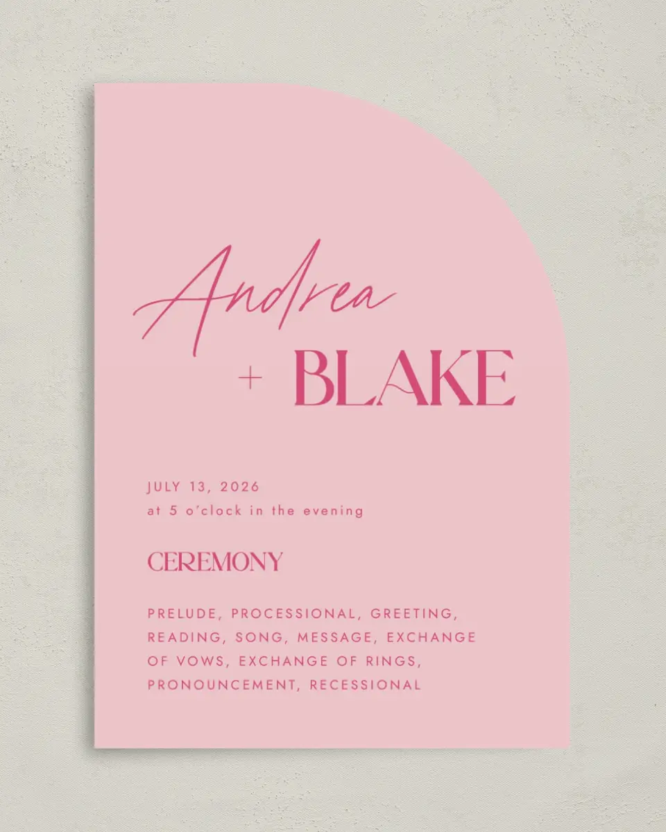 This is a 5" x 7" Tea-length Wedding Program called The Andrea printed in full color on Premium Smooth paper