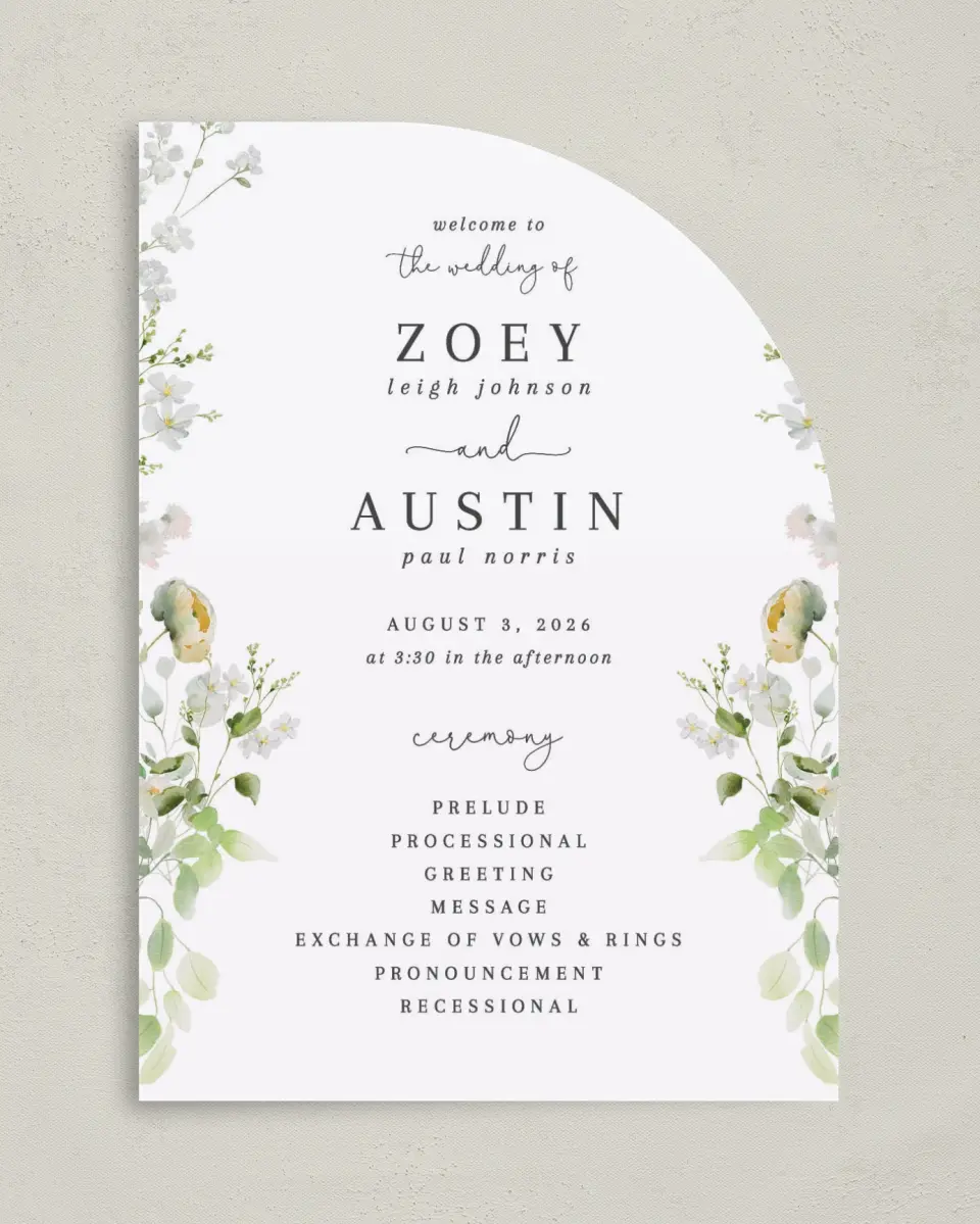 This is a 5" x 7" Tea-length Wedding Program called The Zoey printed in full color on Premium Smooth paper