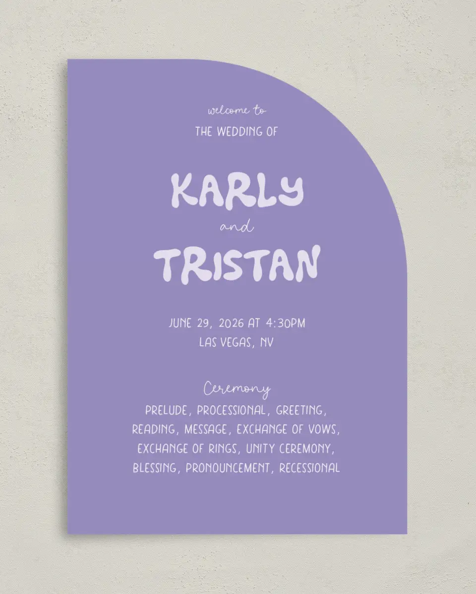This is a 5" x 7" Tea-length Wedding Program called The Karly printed in full color on Premium Smooth paper
