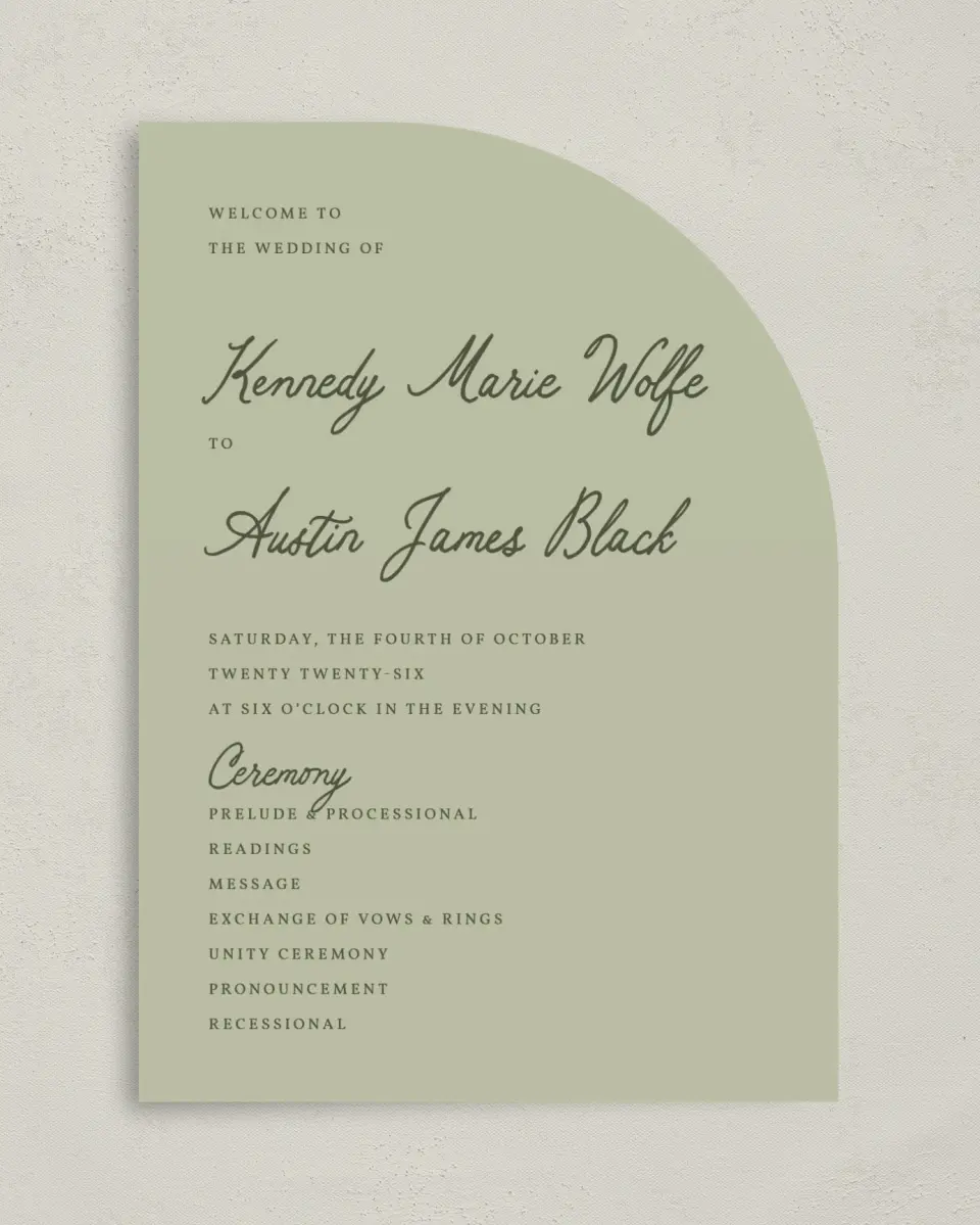 This is a 5" x 7" Tea-length Wedding Program called The Kennedy printed in full color on Premium Smooth paper