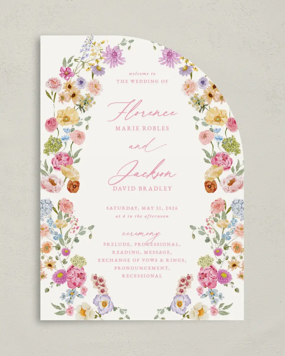 This is a 5" x 7" Tea-length Wedding Program called The Florence printed in full color on Premium Smooth paper