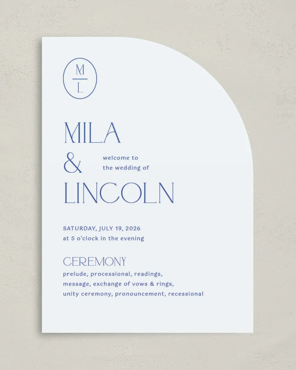 This is a 5" x 7" Tea-length Wedding Program called The Mila printed in full color on Premium Smooth paper