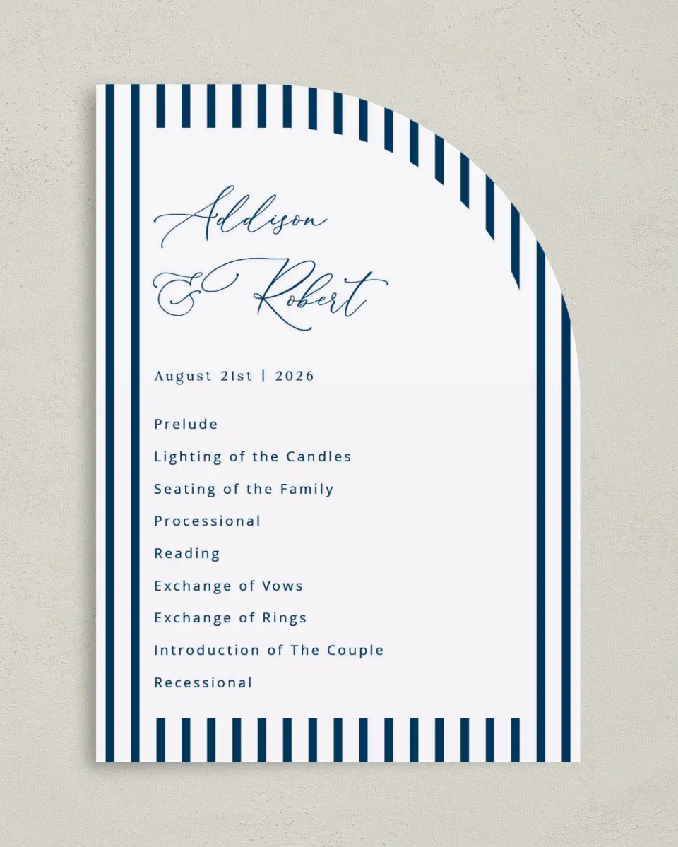 This is a 5" x 7" Tea-length Wedding Program called The Addison printed in full color on Premium Smooth paper