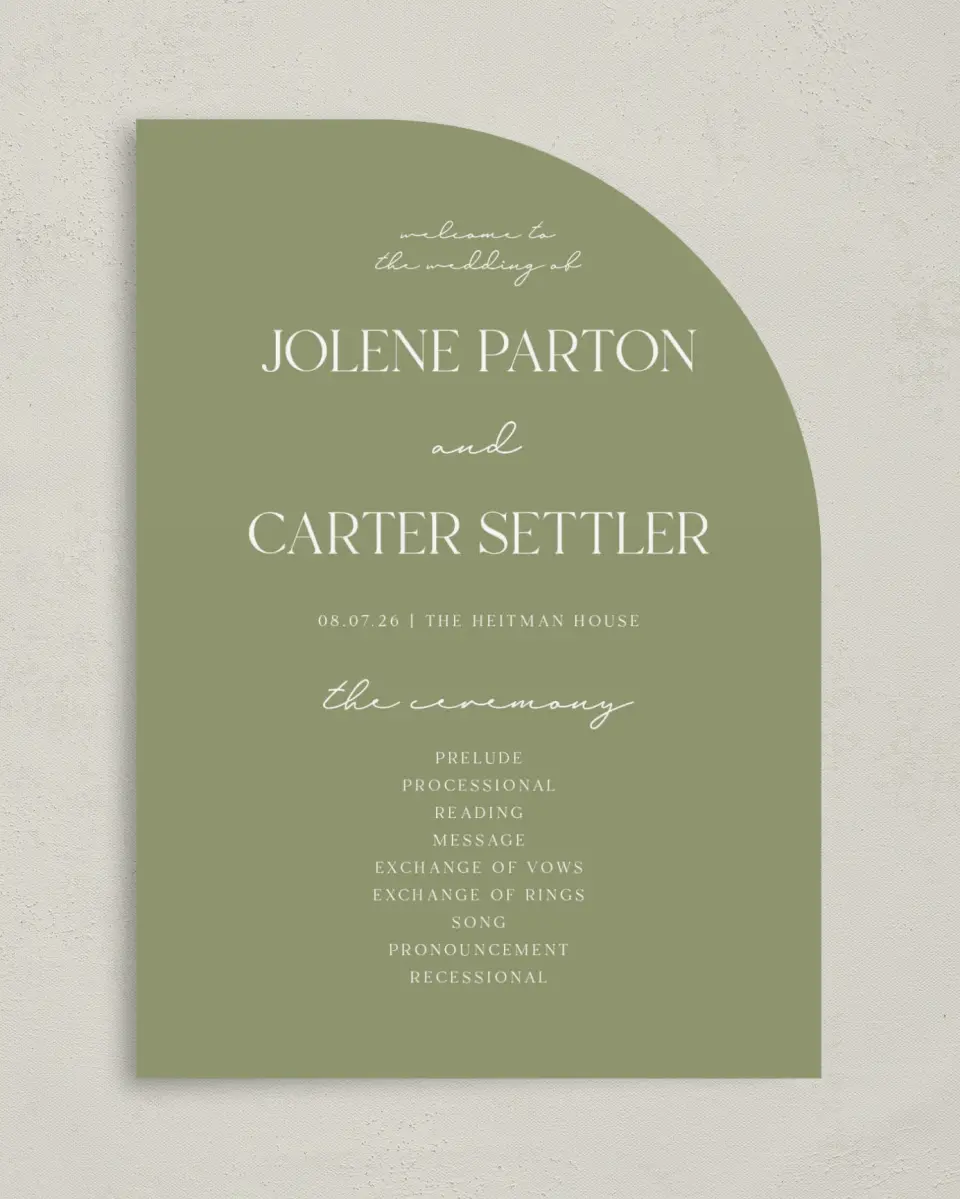 This is a 5" x 7" Tea-length Wedding Program called The Jolene printed in full color on Premium Smooth paper
