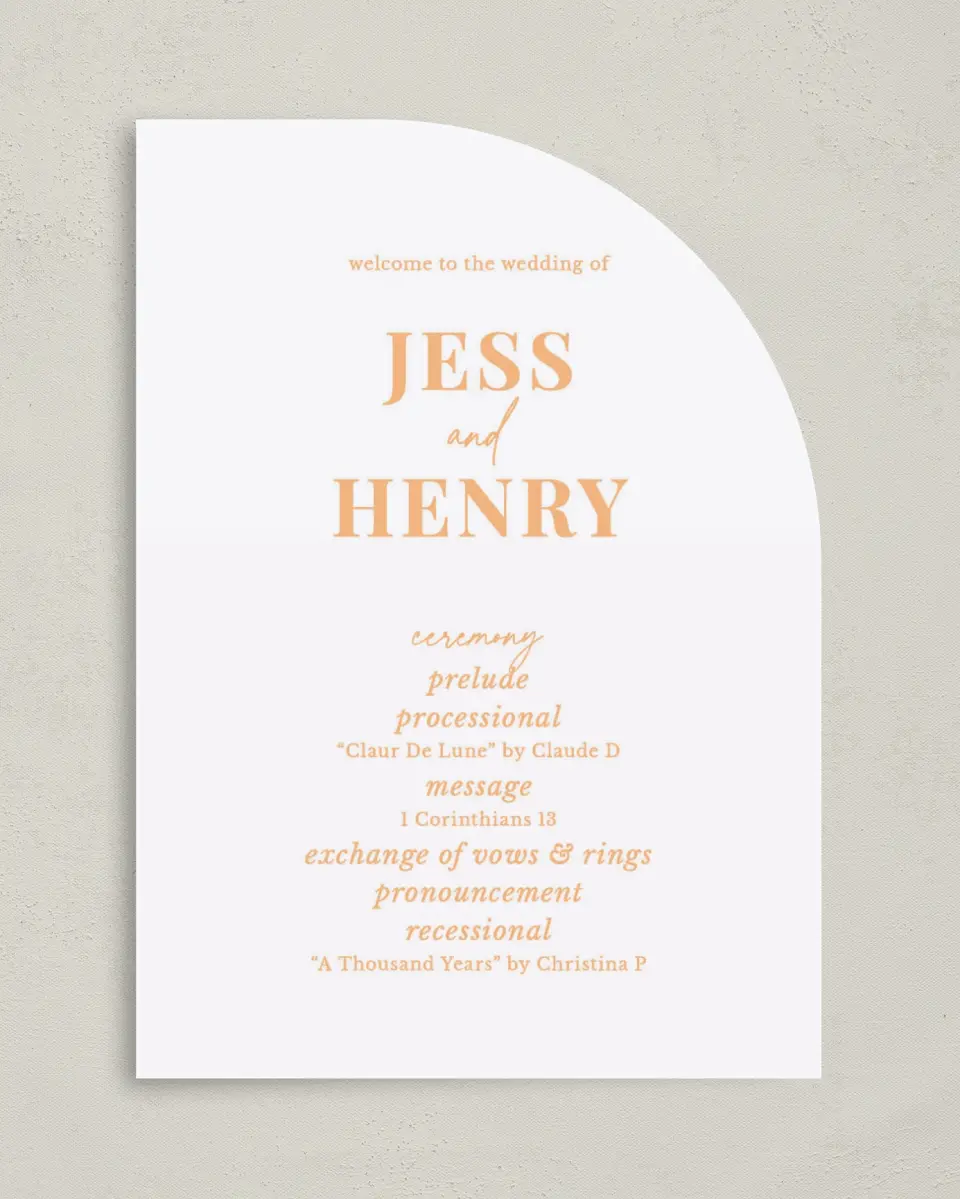 This is a 5" x 7" Tea-length Wedding Program called The Jess printed in full color on Premium Smooth paper