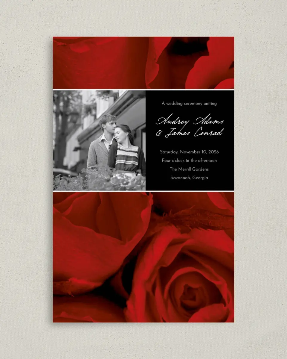 This is a 5" x 7⅞" Folded Half-fold Wedding Program called Dramatic Roses printed in full color on Premium Smooth paper