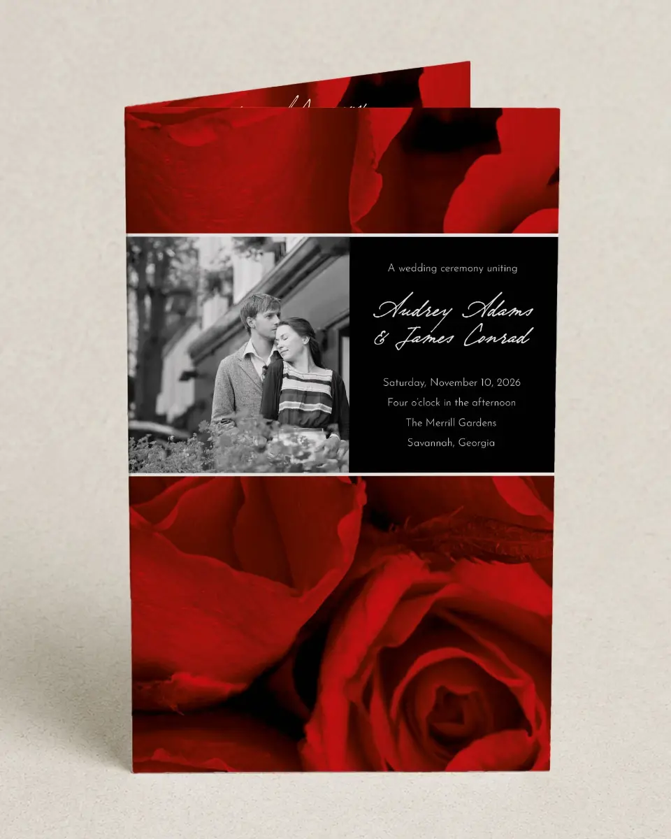 This is a 5" x 7⅞" Folded Half-fold Wedding Program called Dramatic Roses printed in full color on Premium Smooth paper