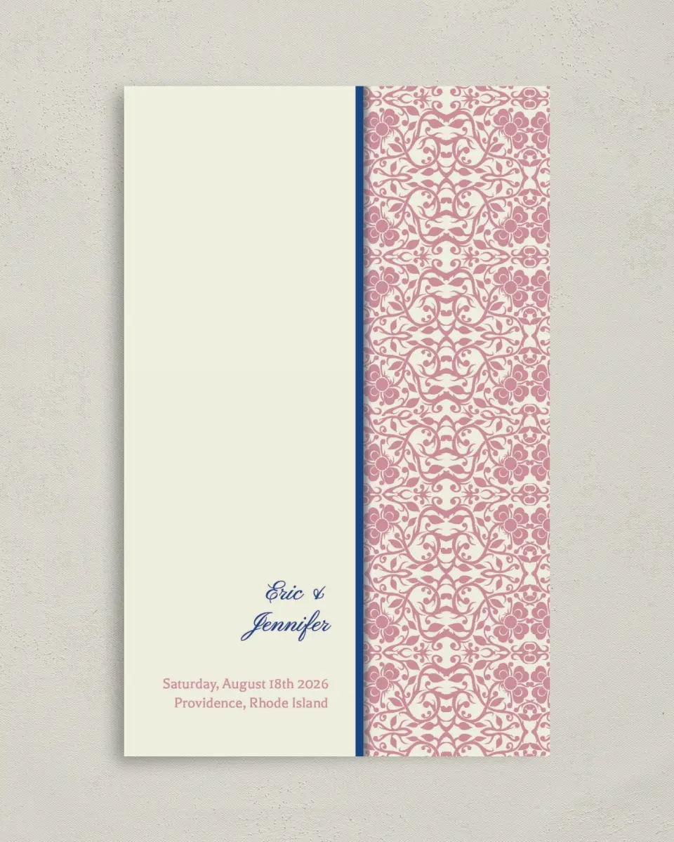 This is a 5" x 7⅞" Folded Half-fold Wedding Program called Floral Ornament printed in full color on Premium Smooth paper