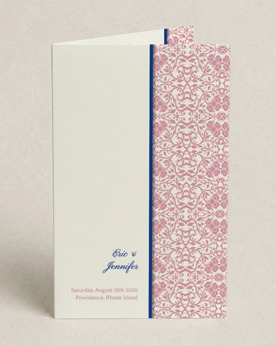 This is a 5" x 7⅞" Folded Half-fold Wedding Program called Floral Ornament printed in full color on Premium Smooth paper