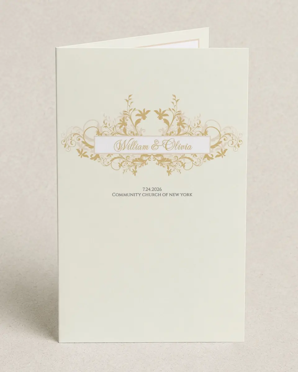 This is a 5" x 7⅞" Folded Half-fold Wedding Program called Classic Allure printed in full color on Premium Smooth paper