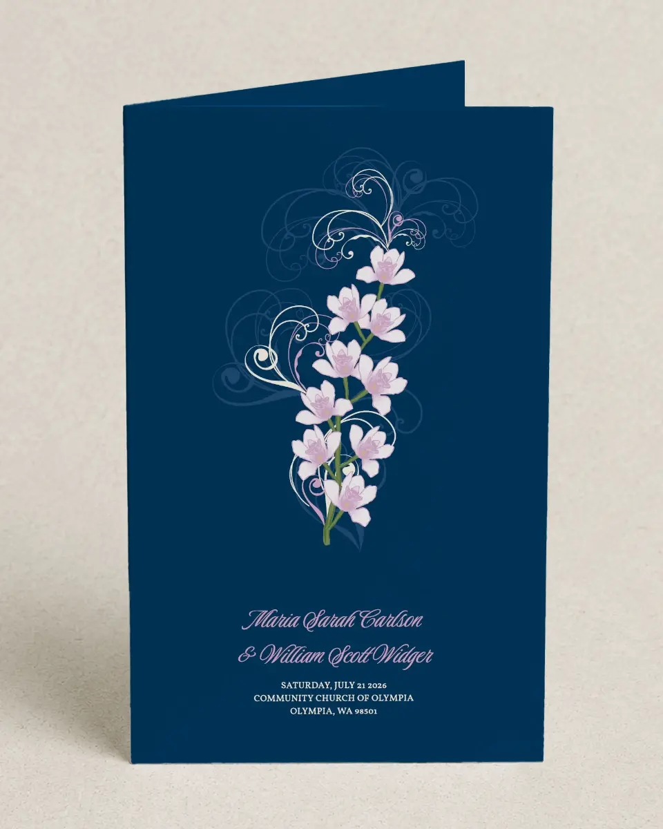 This is a 5" x 7⅞" Folded Half-fold Wedding Program called Waking Beauty printed in full color on Premium Smooth paper