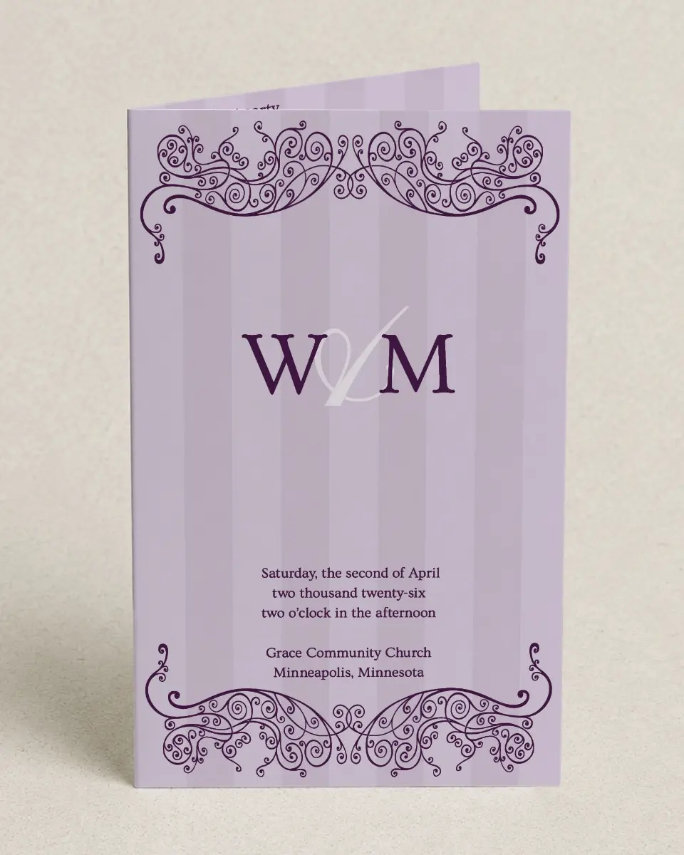 This is a 5" x 7⅞" Folded Half-fold Wedding Program called Lovely Lavender printed in full color on Premium Smooth paper