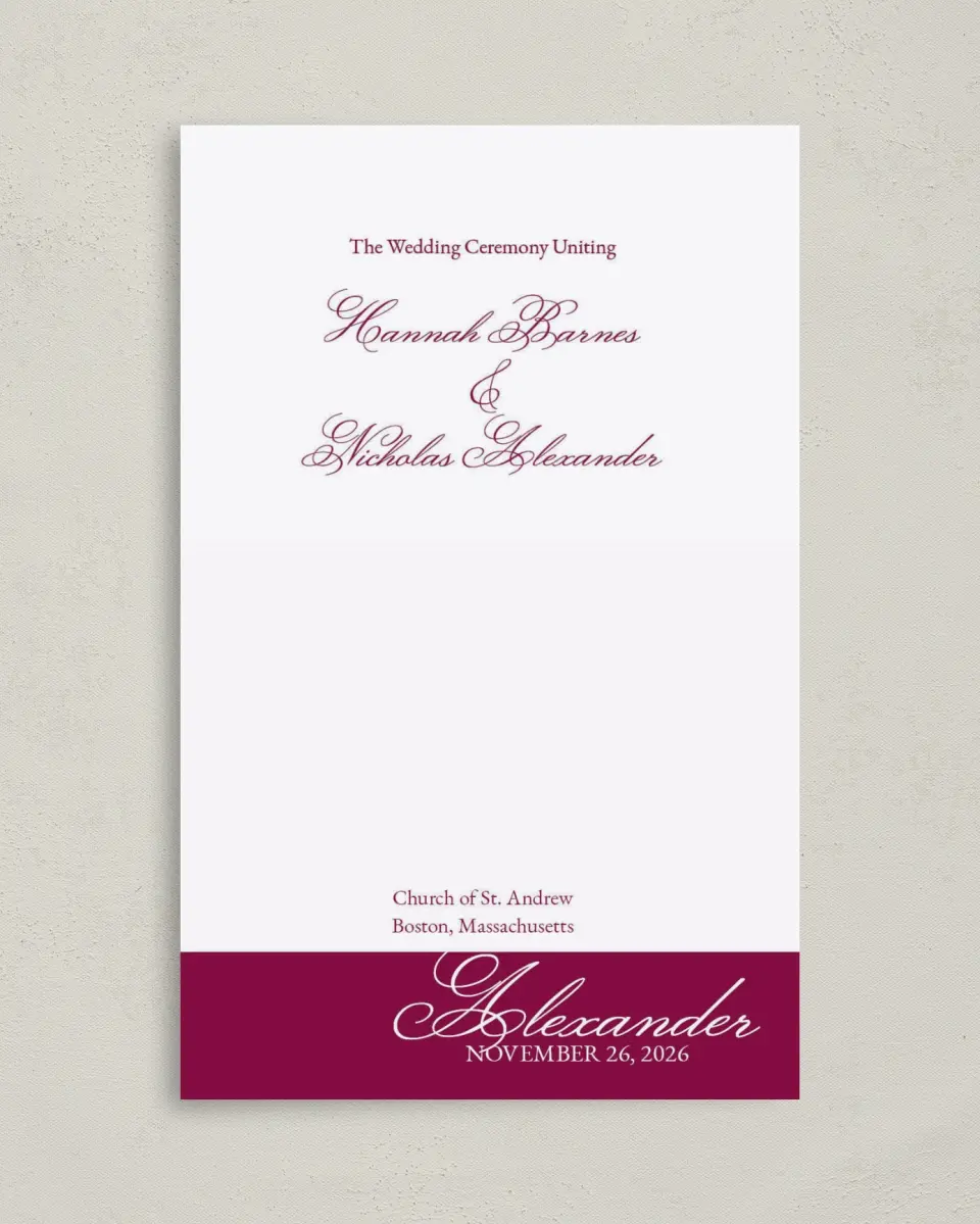 This is a 5" x 7⅞" Folded Half-fold Wedding Program called Forever Yours printed in full color on Premium Smooth paper