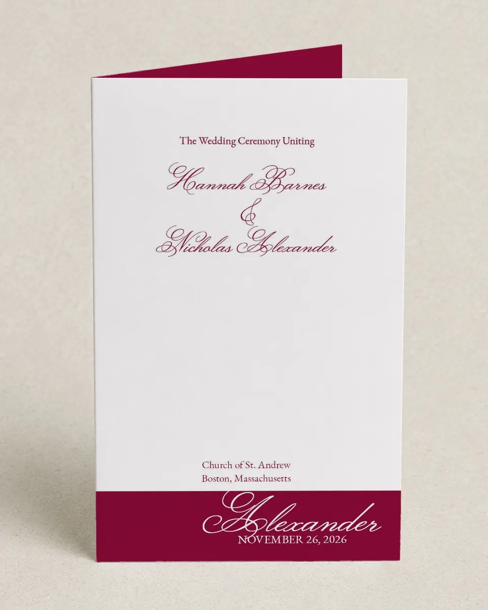 This is a 5" x 7⅞" Folded Half-fold Wedding Program called Forever Yours printed in full color on Premium Smooth paper