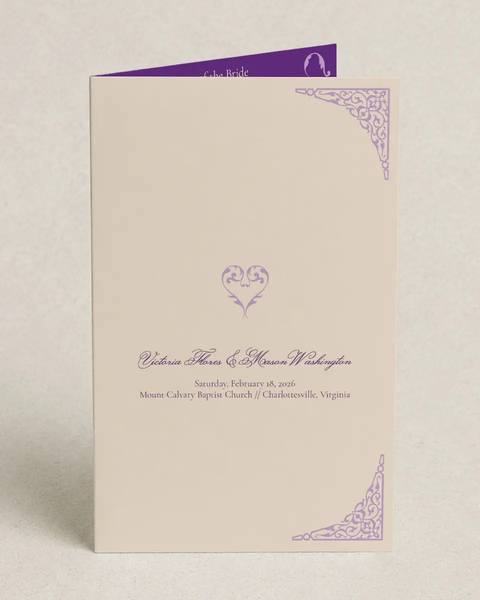 This is a 5" x 7⅞" Folded Half-fold Wedding Program called Simple Tradition printed in full color on Premium Smooth paper