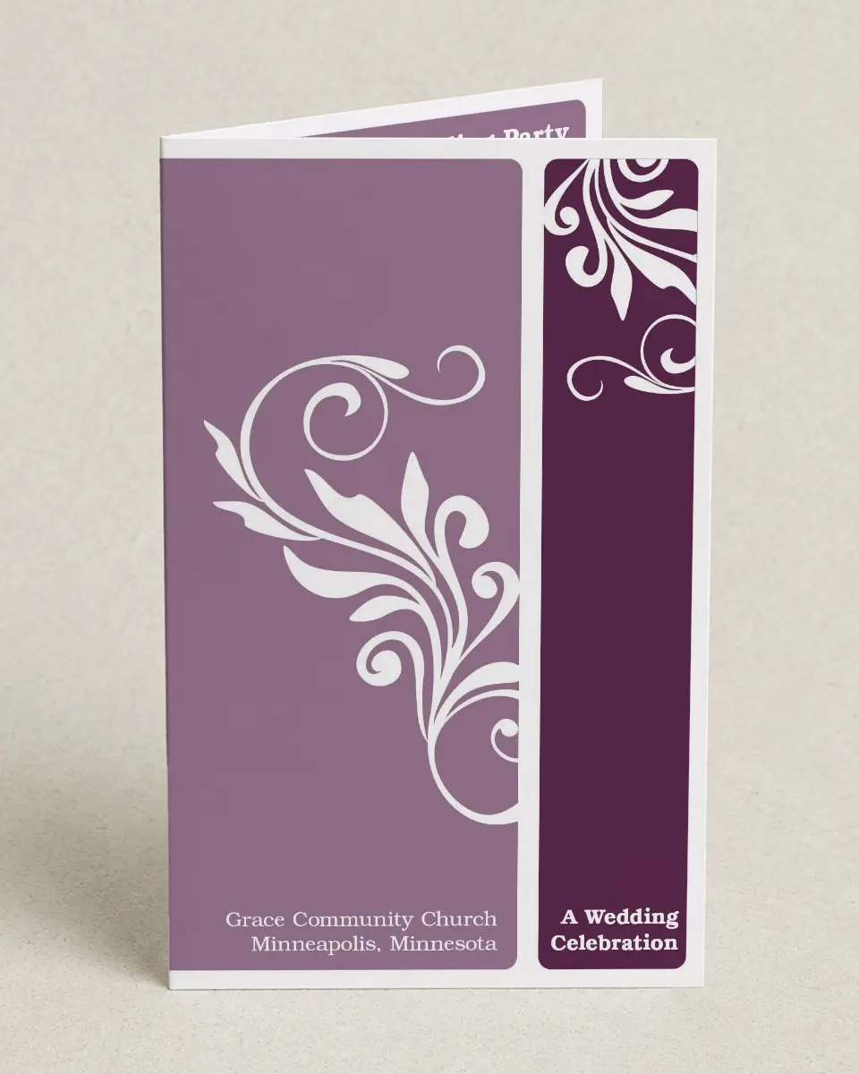 This is a 5" x 7⅞" Folded Half-fold Wedding Program called Alluring Affection printed in full color with Silver foil on Luxe Satin (coated) paper