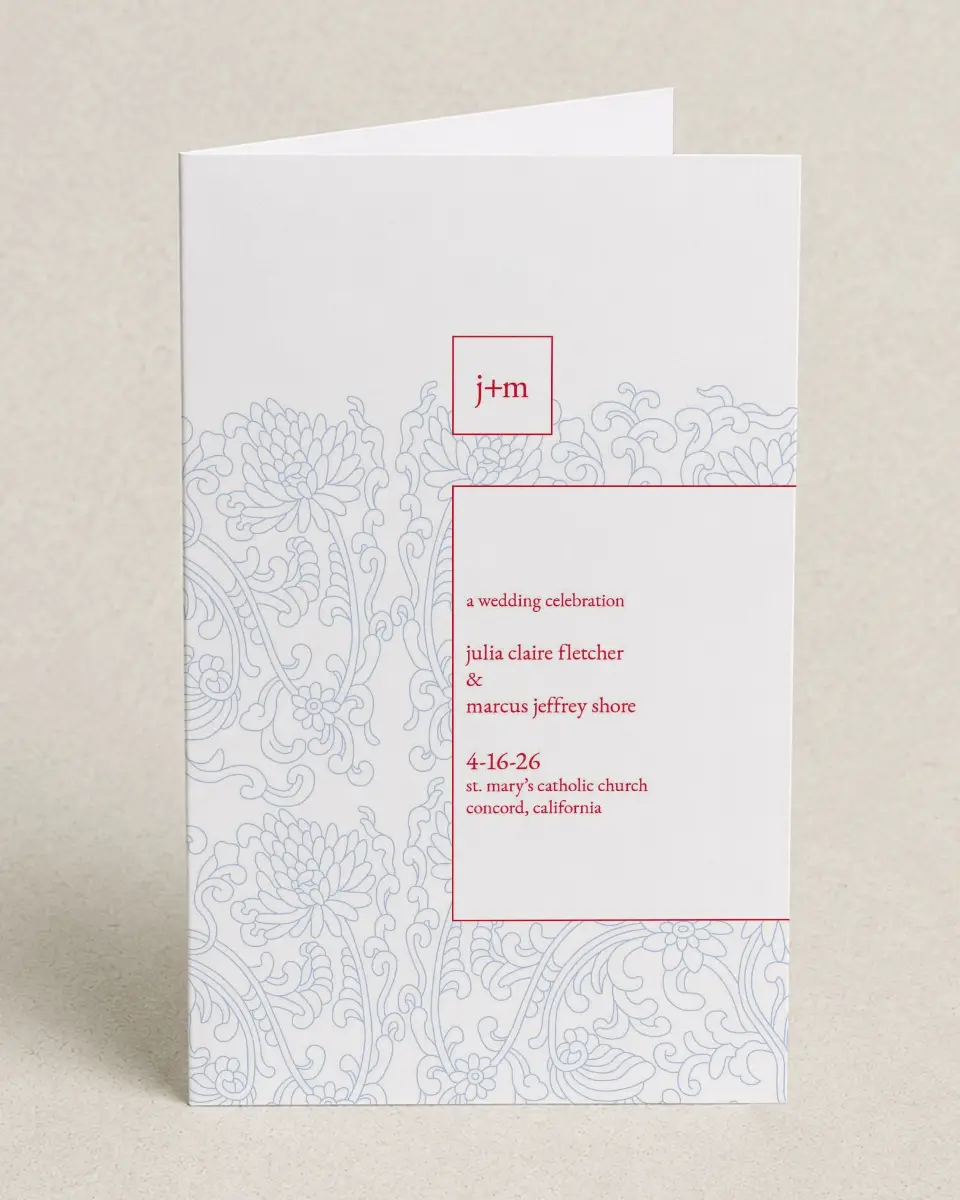 This is a 5" x 7⅞" Folded Half-fold Wedding Program called Pristine Beauty printed in full color on Premium Smooth paper