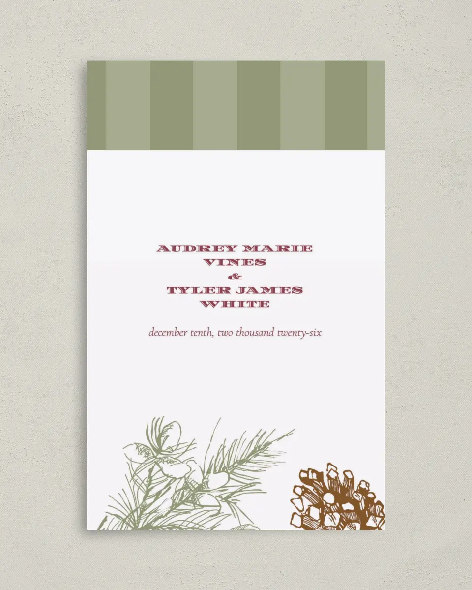 This is a 5" x 7⅞" Folded Half-fold Wedding Program called Evergreen Christmas printed in full color on Premium Smooth paper