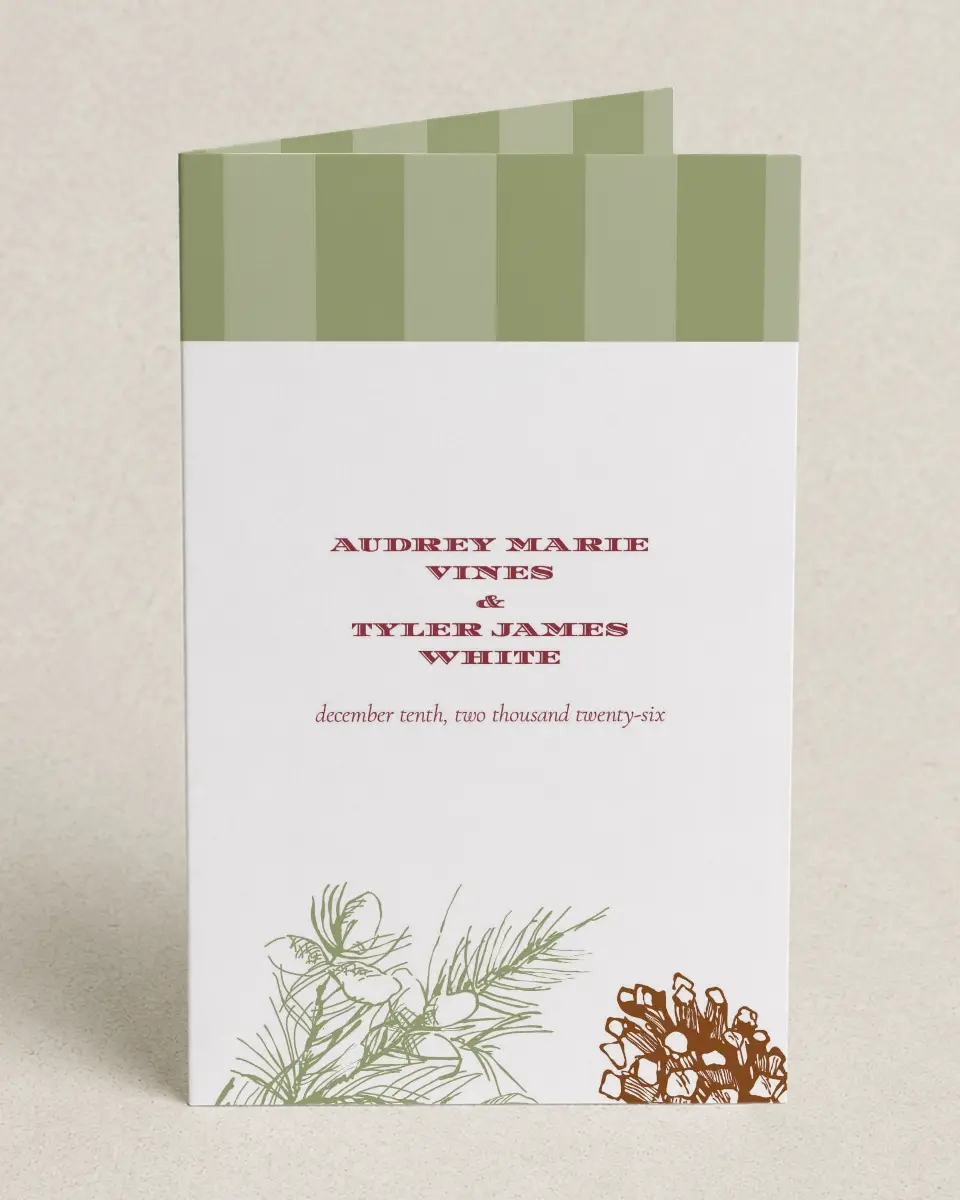 This is a 5" x 7⅞" Folded Half-fold Wedding Program called Evergreen Christmas printed in full color on Premium Smooth paper