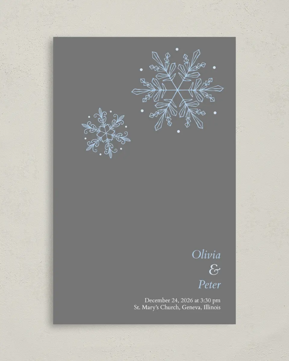 This is a 5" x 7⅞" Folded Half-fold Wedding Program called Seasonal Snowflake printed in full color on Premium Smooth paper