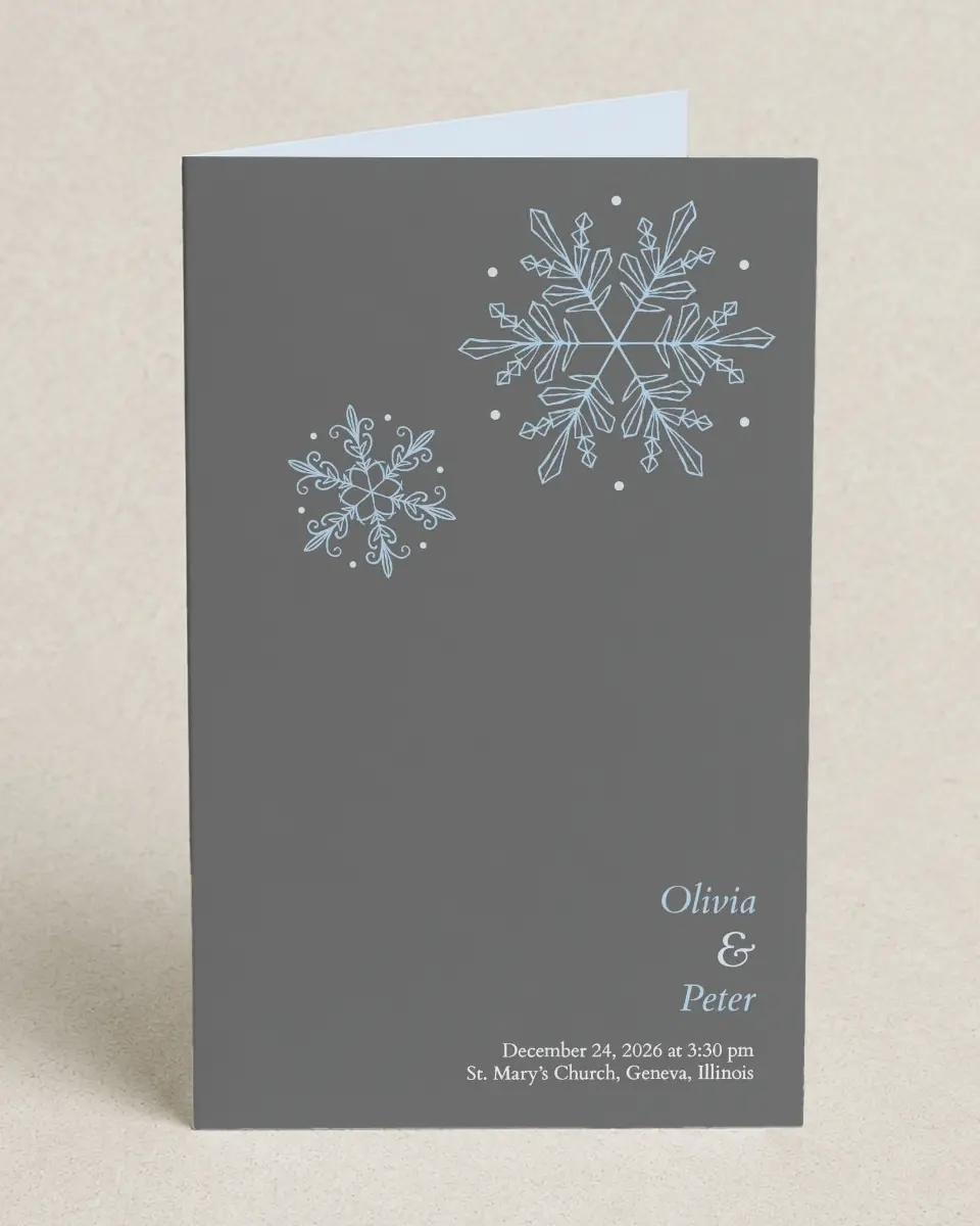 This is a 5" x 7⅞" Folded Half-fold Wedding Program called Seasonal Snowflake printed in full color on Premium Smooth paper