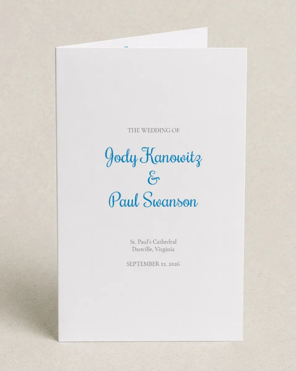 This is a 5" x 7⅞" Folded Half-fold Wedding Program called On This Day printed in full color on Premium Smooth paper