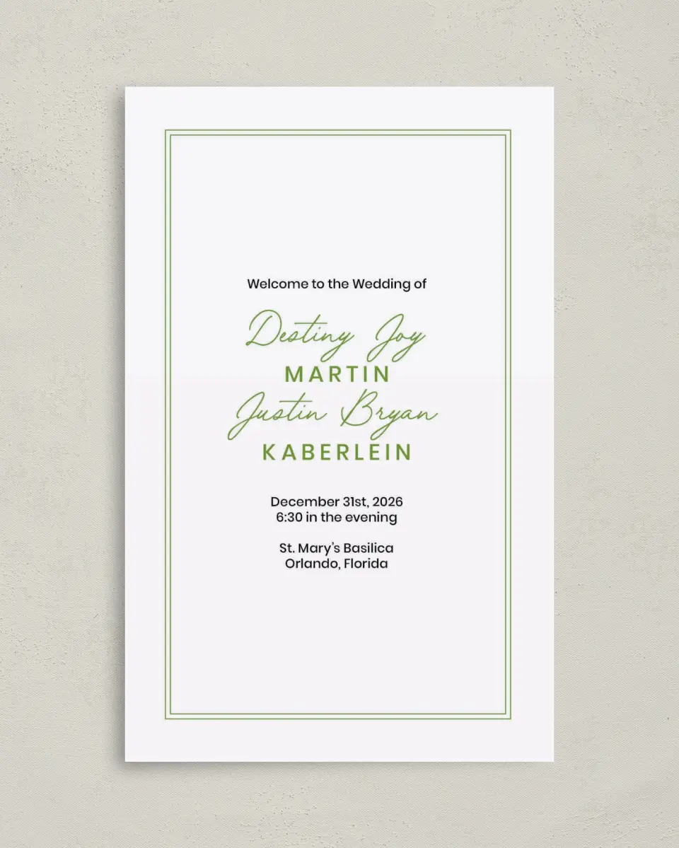 This is a 5" x 7⅞" Folded Half-fold Wedding Program called Simplistic Splendor printed in full color on Premium Smooth paper