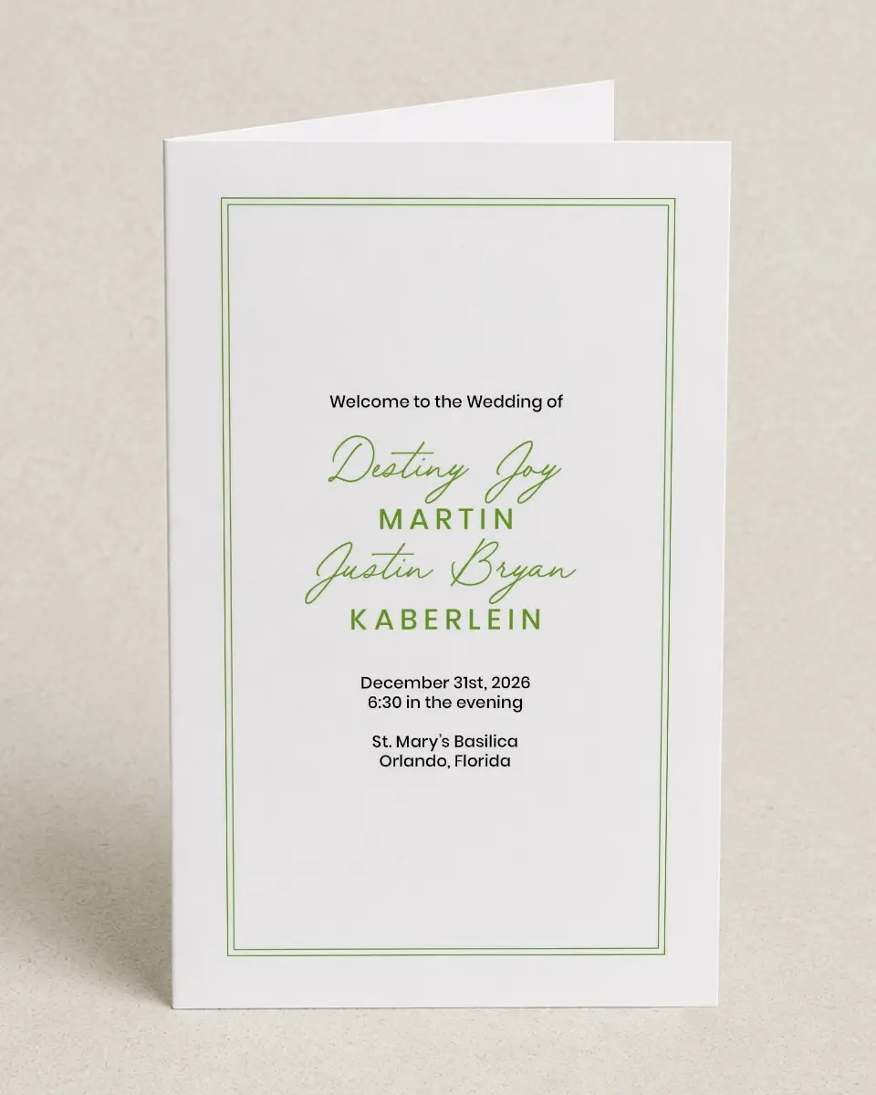 This is a 5" x 7⅞" Folded Half-fold Wedding Program called Simplistic Splendor printed in full color on Premium Smooth paper