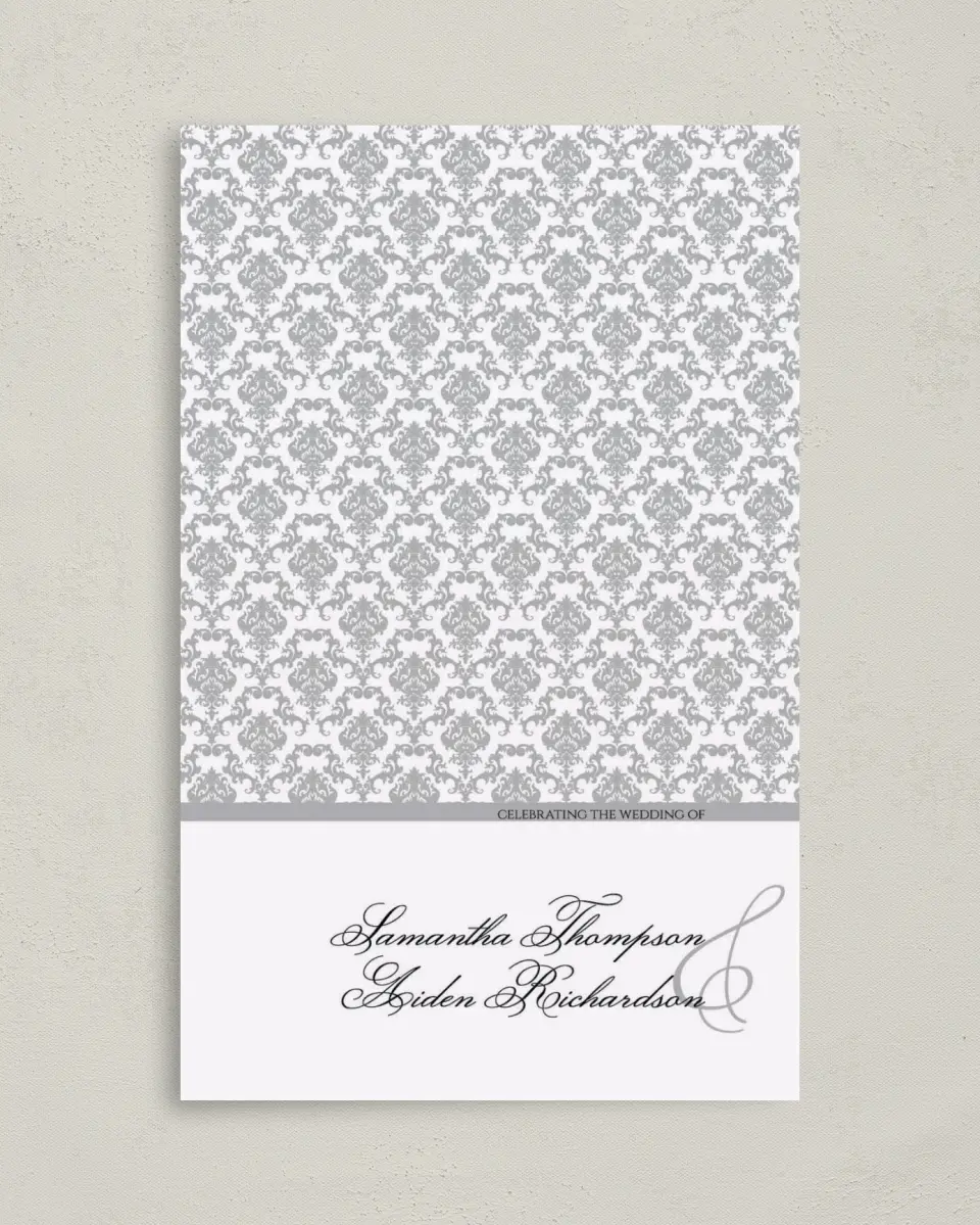 This is a 5" x 7⅞" Folded Half-fold Wedding Program called Damask Elegance printed in full color on Premium Smooth paper
