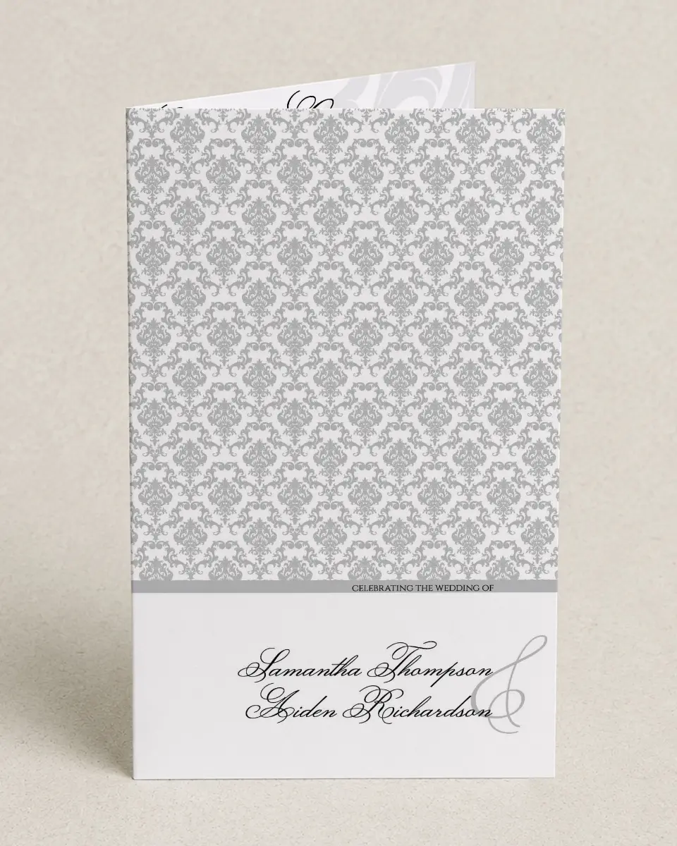 This is a 5" x 7⅞" Folded Half-fold Wedding Program called Damask Elegance printed in full color on Premium Smooth paper