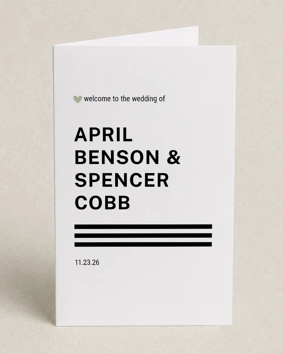 This is a 5" x 7⅞" Folded Half-fold Wedding Program called Modern Typography printed in full color with Silver foil on Luxe Satin (coated) paper