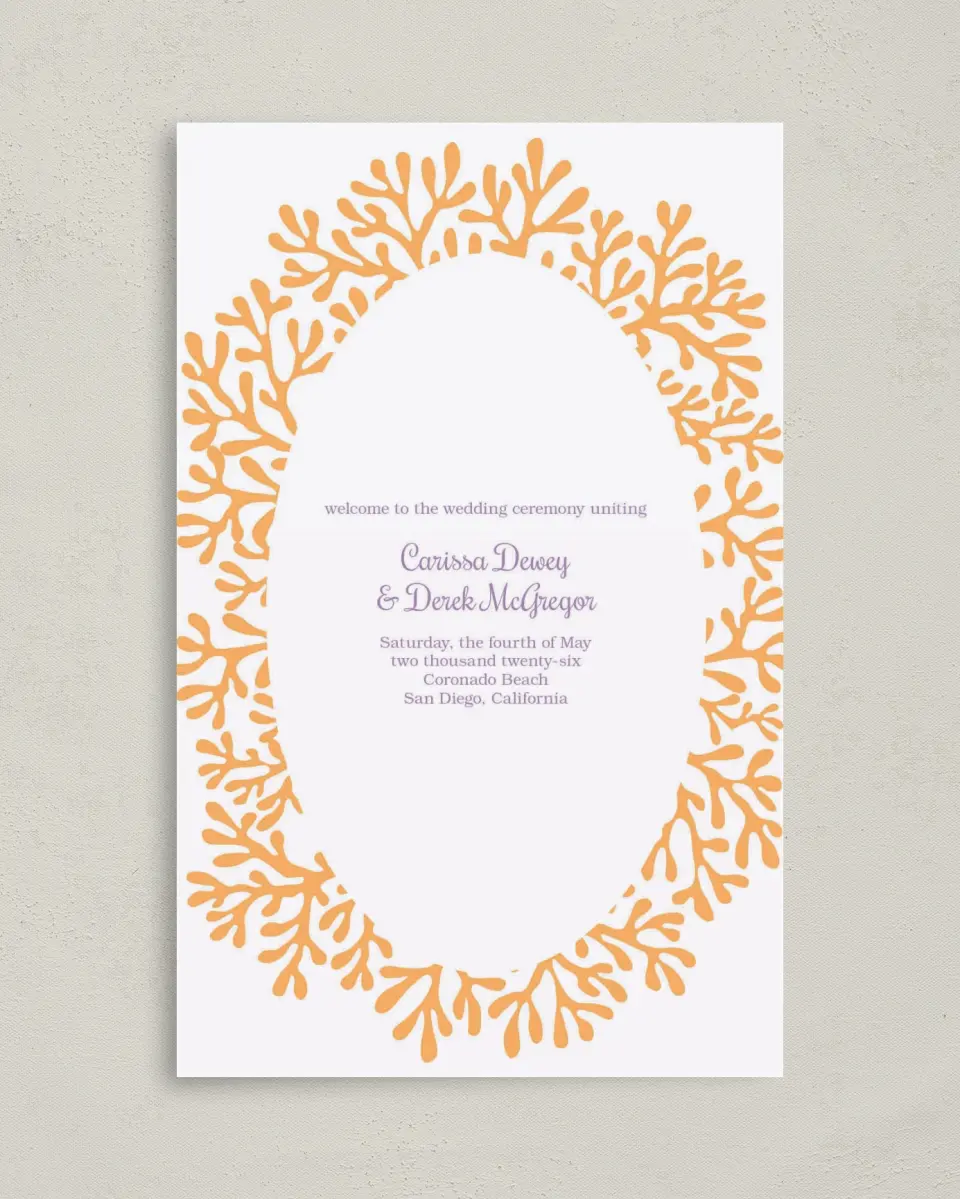 This is a 5" x 7⅞" Folded Half-fold Wedding Program called Watercolor Coral printed in full color on Premium Smooth paper