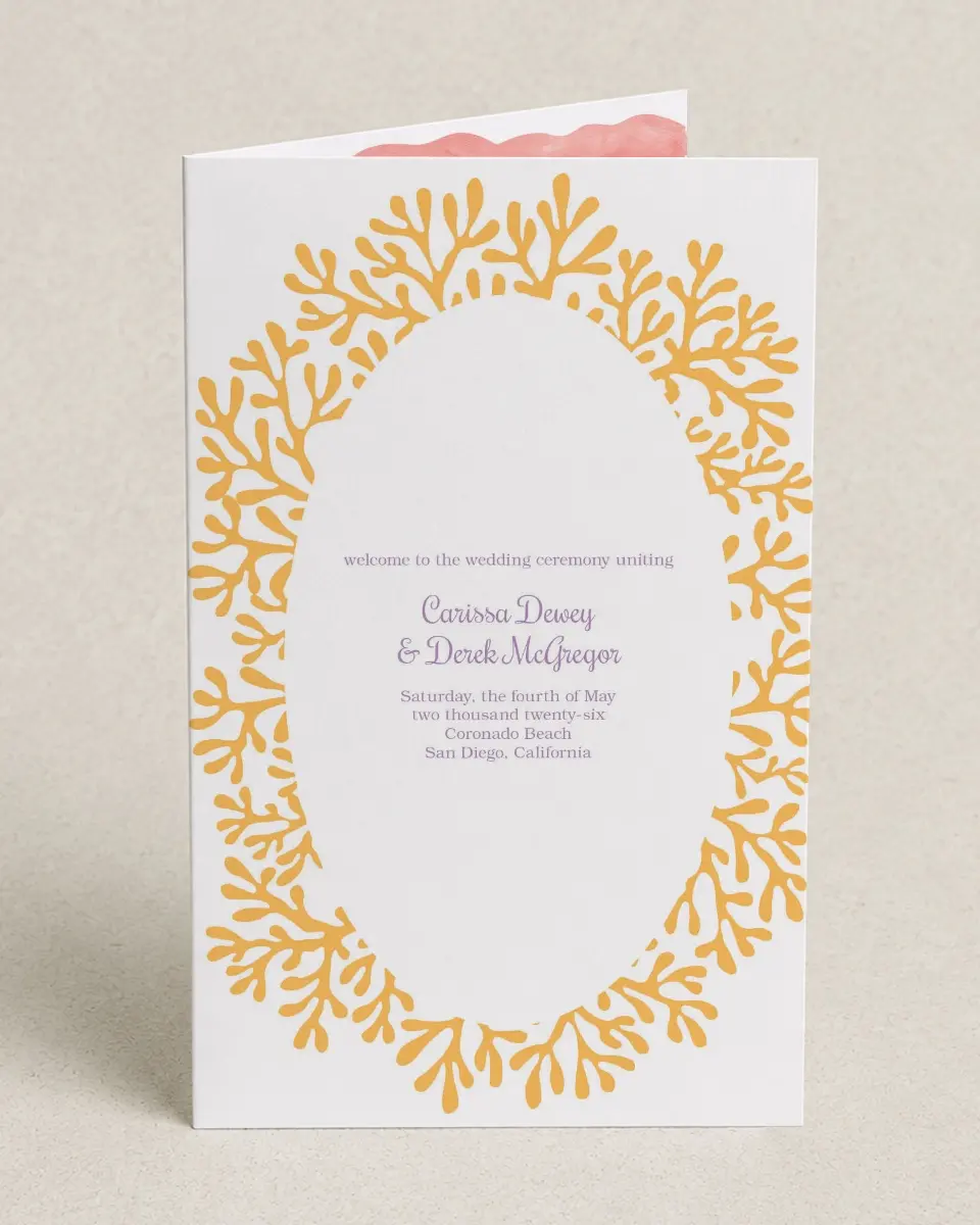 This is a 5" x 7⅞" Folded Half-fold Wedding Program called Watercolor Coral printed in full color on Premium Smooth paper