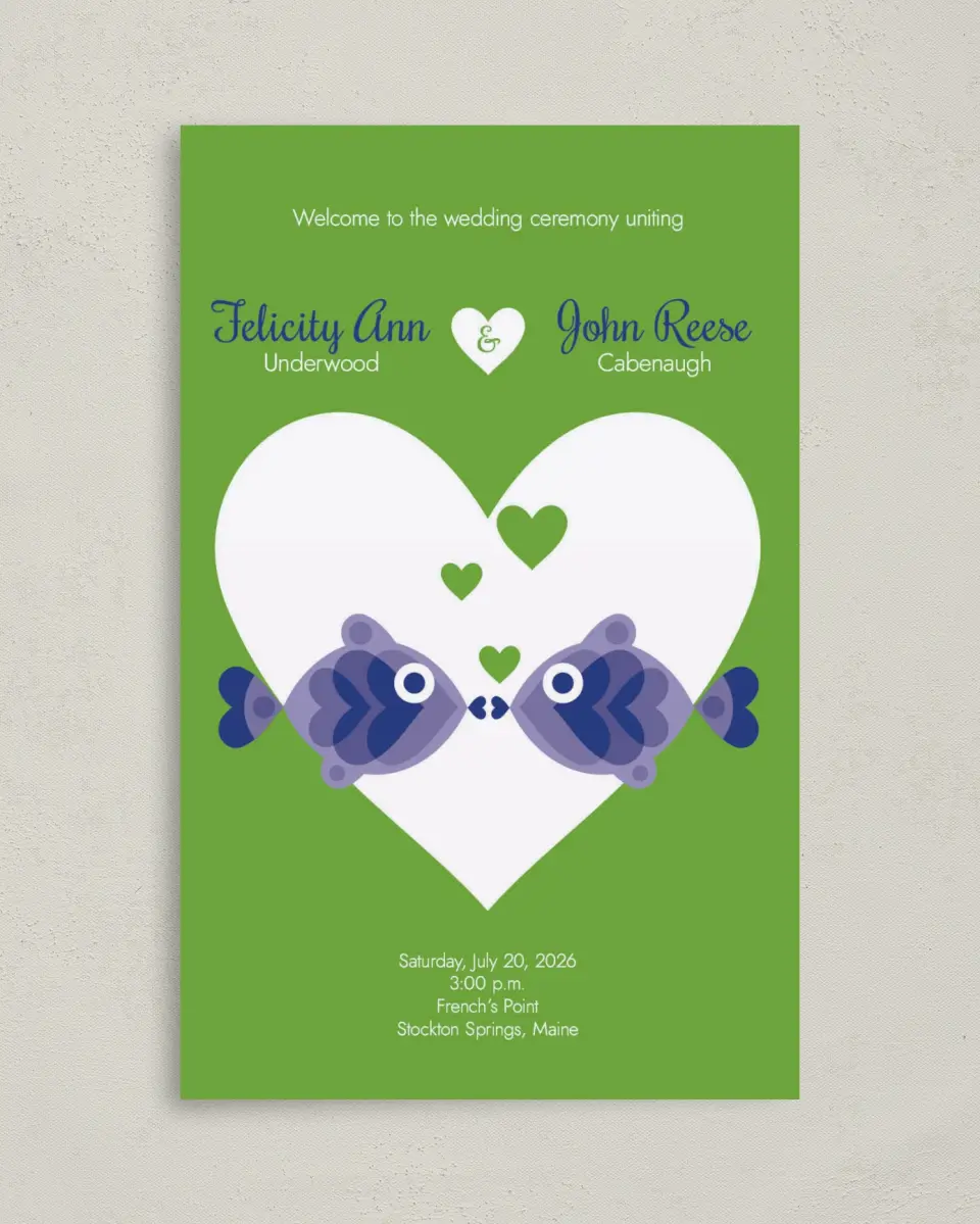 This is a 5" x 7⅞" Folded Half-fold Wedding Program called Pucker Up printed in full color on Premium Smooth paper