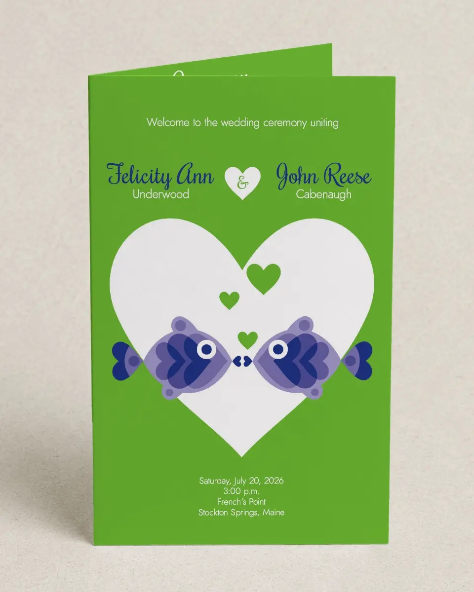 This is a 5" x 7⅞" Folded Half-fold Wedding Program called Pucker Up printed in full color on Premium Smooth paper