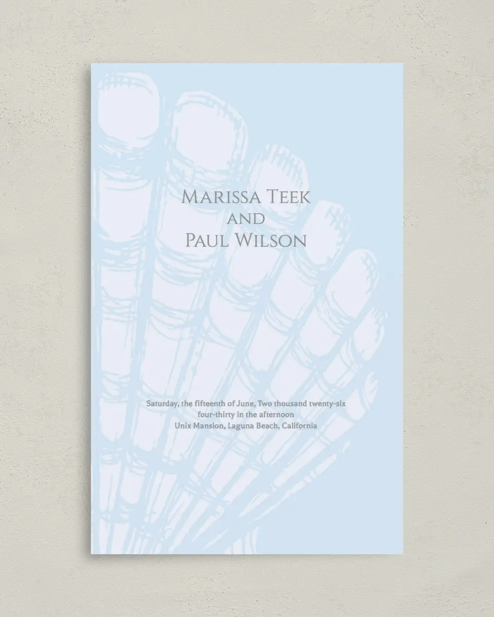This is a 5" x 7⅞" Folded Half-fold Wedding Program called Scallop Seashell printed in full color with Gold foil on Luxe Satin (coated) paper