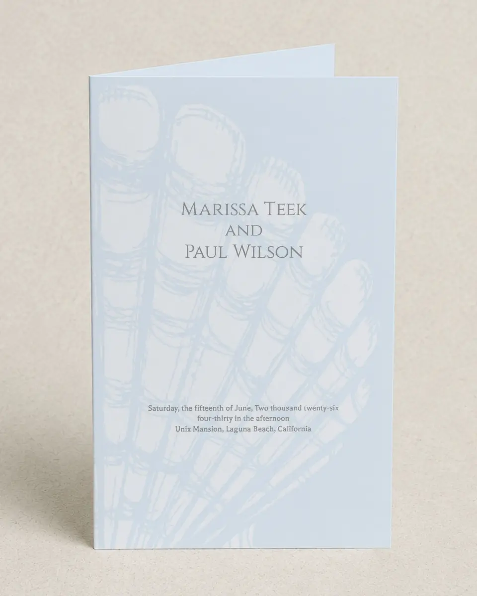 This is a 5" x 7⅞" Folded Half-fold Wedding Program called Scallop Seashell printed in full color on Premium Smooth paper