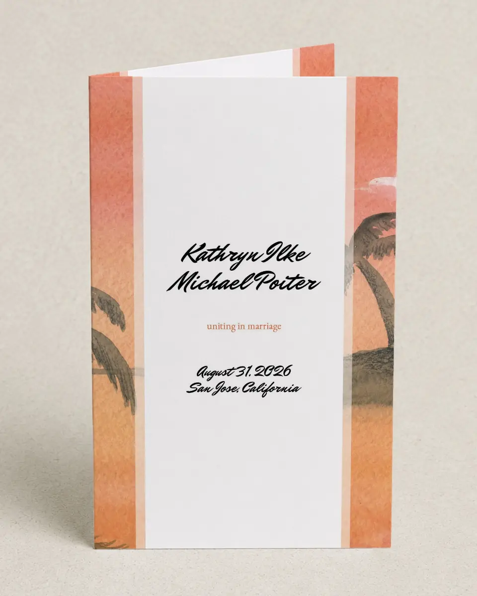 This is a 5" x 7⅞" Folded Half-fold Wedding Program called Island Oasis printed in full color on Premium Smooth paper