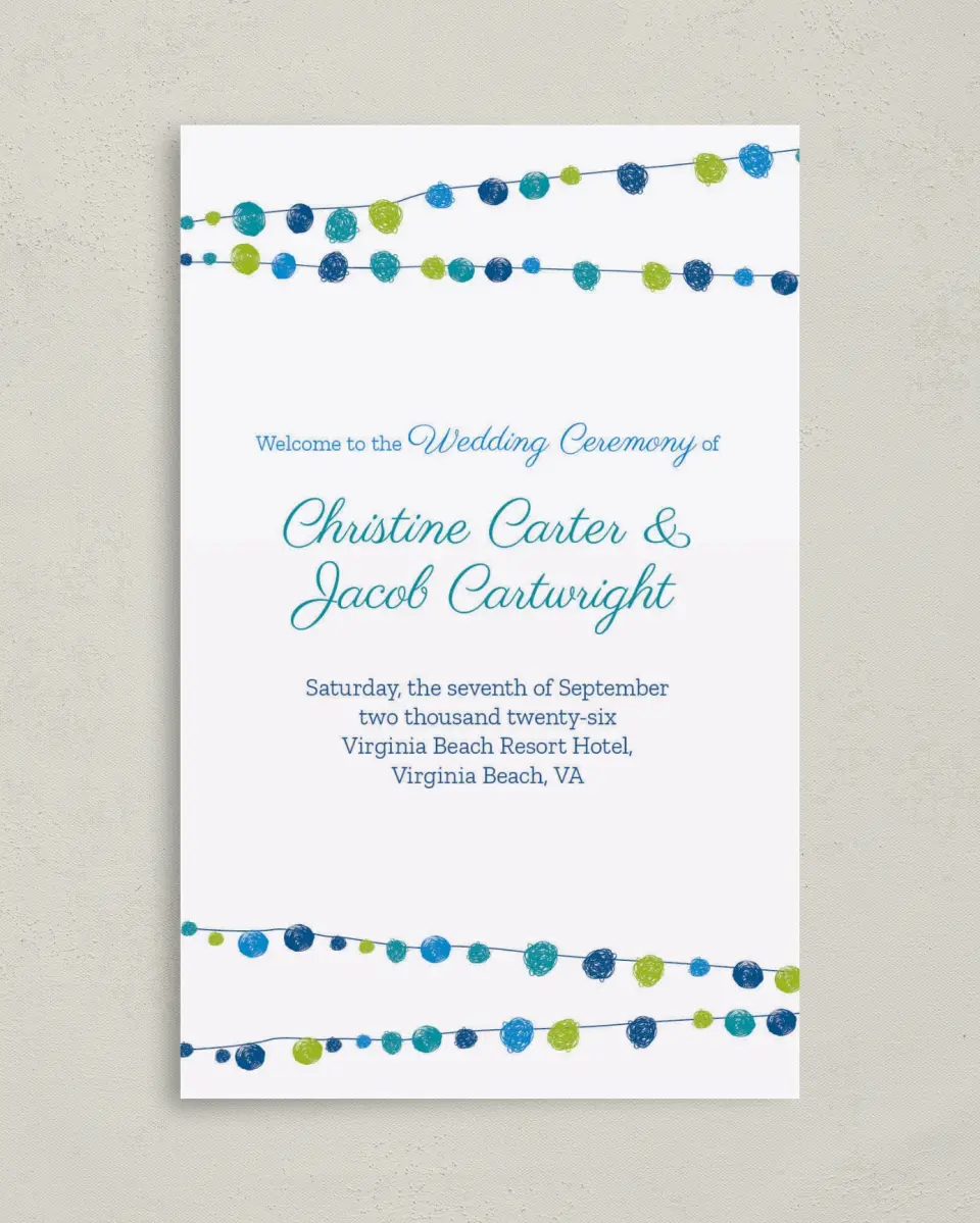 This is a 5" x 7⅞" Folded Half-fold Wedding Program called Lantern Scribbles printed in full color on Premium Smooth paper