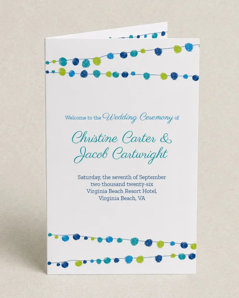 This is a 5" x 7⅞" Folded Half-fold Wedding Program called Lantern Scribbles printed in full color on Premium Smooth paper