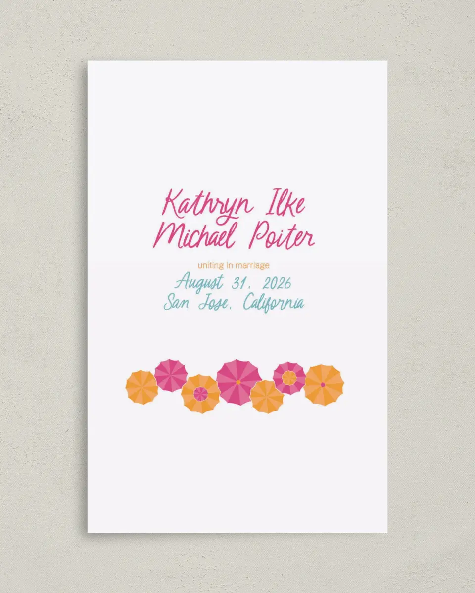 This is a 5" x 7⅞" Folded Half-fold Wedding Program called Playful Parasols printed in full color on Premium Smooth paper