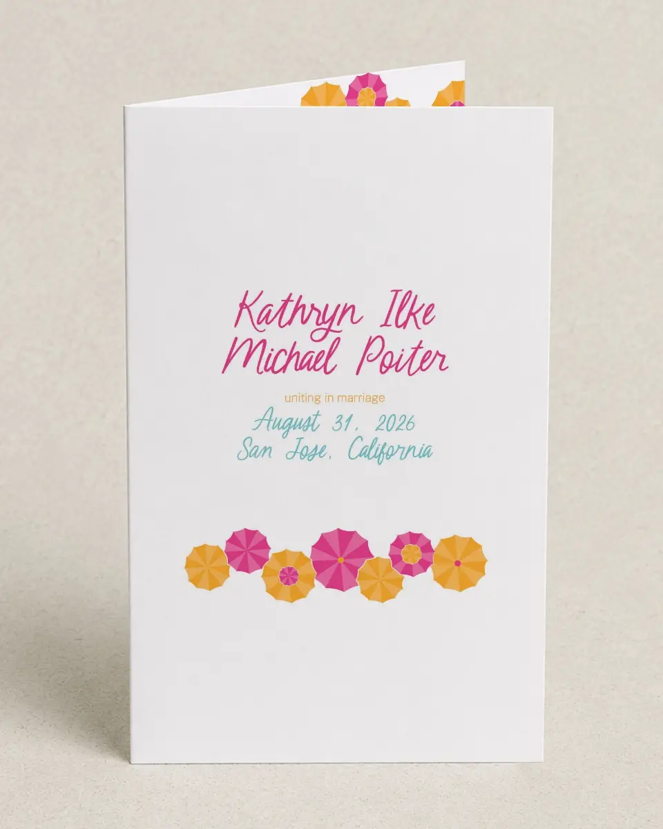 This is a 5" x 7⅞" Folded Half-fold Wedding Program called Playful Parasols printed in full color on Premium Smooth paper