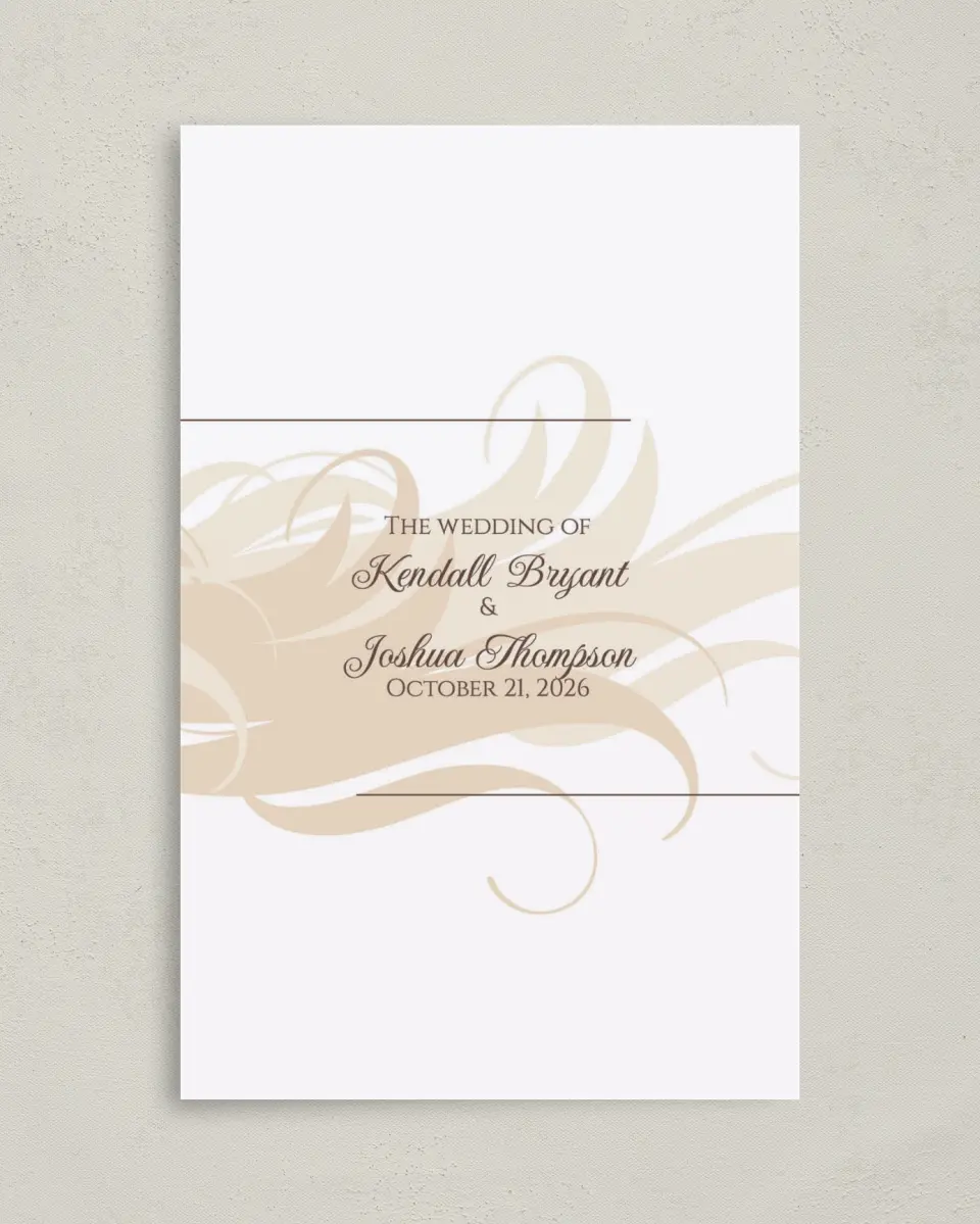 This is a 5" x 7⅞" Folded Half-fold Wedding Program called Whispering Feather printed in full color on Premium Smooth paper