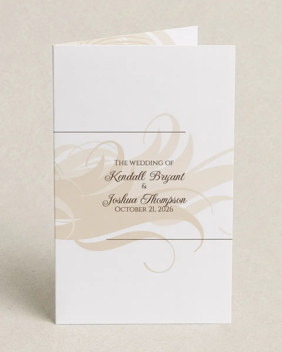 This is a 5" x 7⅞" Folded Half-fold Wedding Program called Whispering Feather printed in full color on Premium Smooth paper