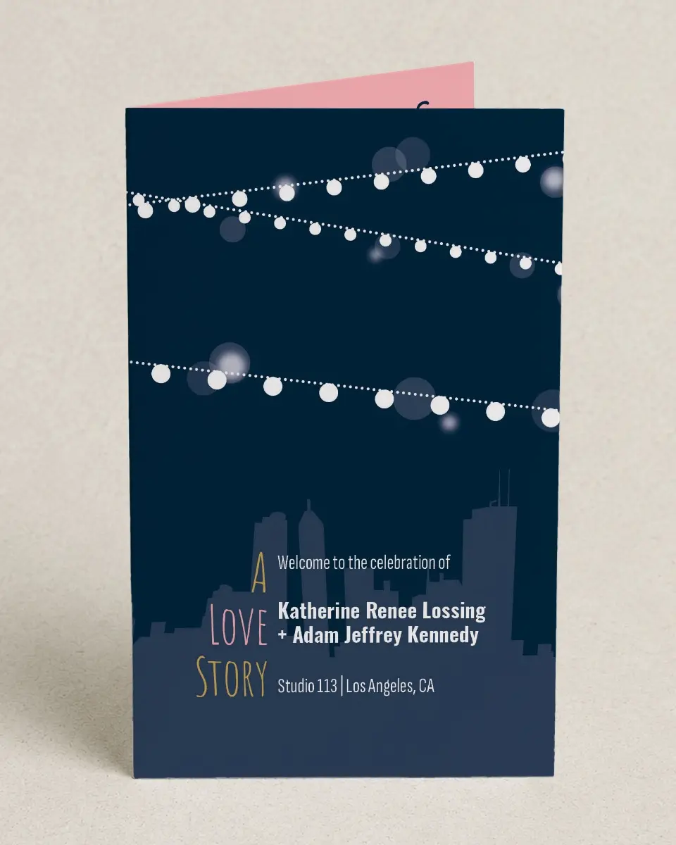 This is a 5" x 7⅞" Folded Half-fold Wedding Program called Rooftop Party printed in full color on Premium Smooth paper