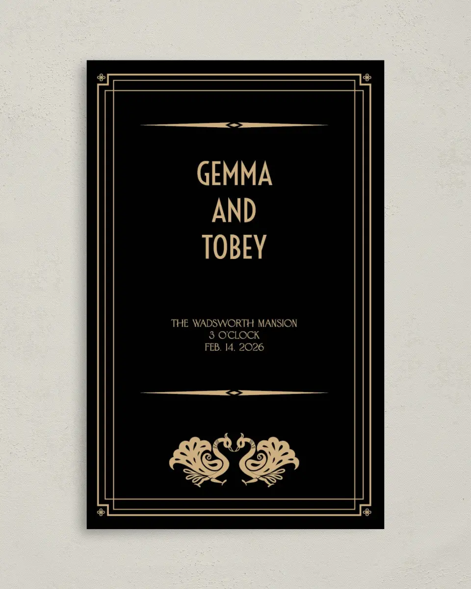 This is a 5" x 7⅞" Folded Half-fold Wedding Program called Deco Glam printed in full color on Premium Smooth paper