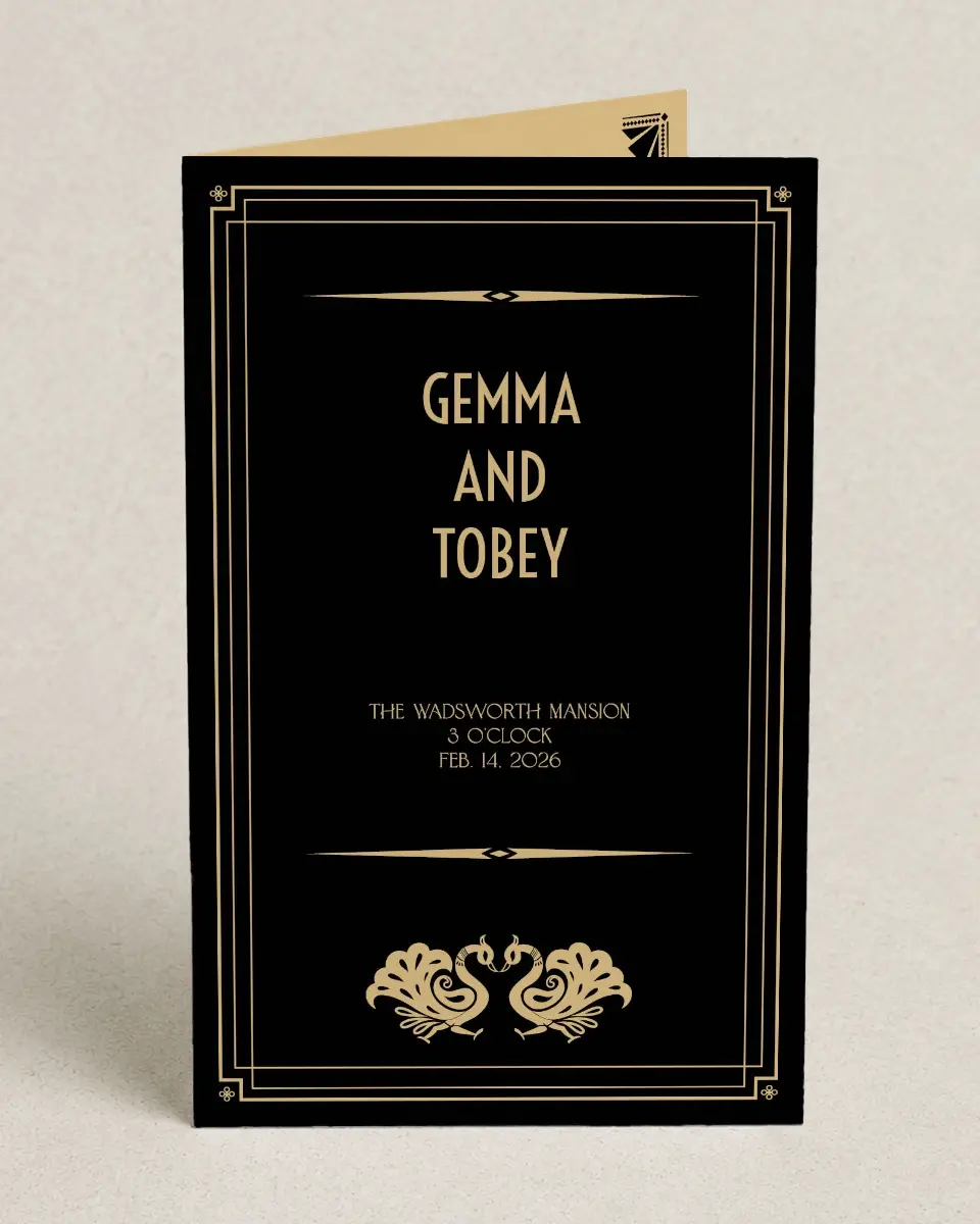 This is a 5" x 7⅞" Folded Half-fold Wedding Program called Deco Glam printed in full color with Silver foil on Luxe Satin (coated) paper
