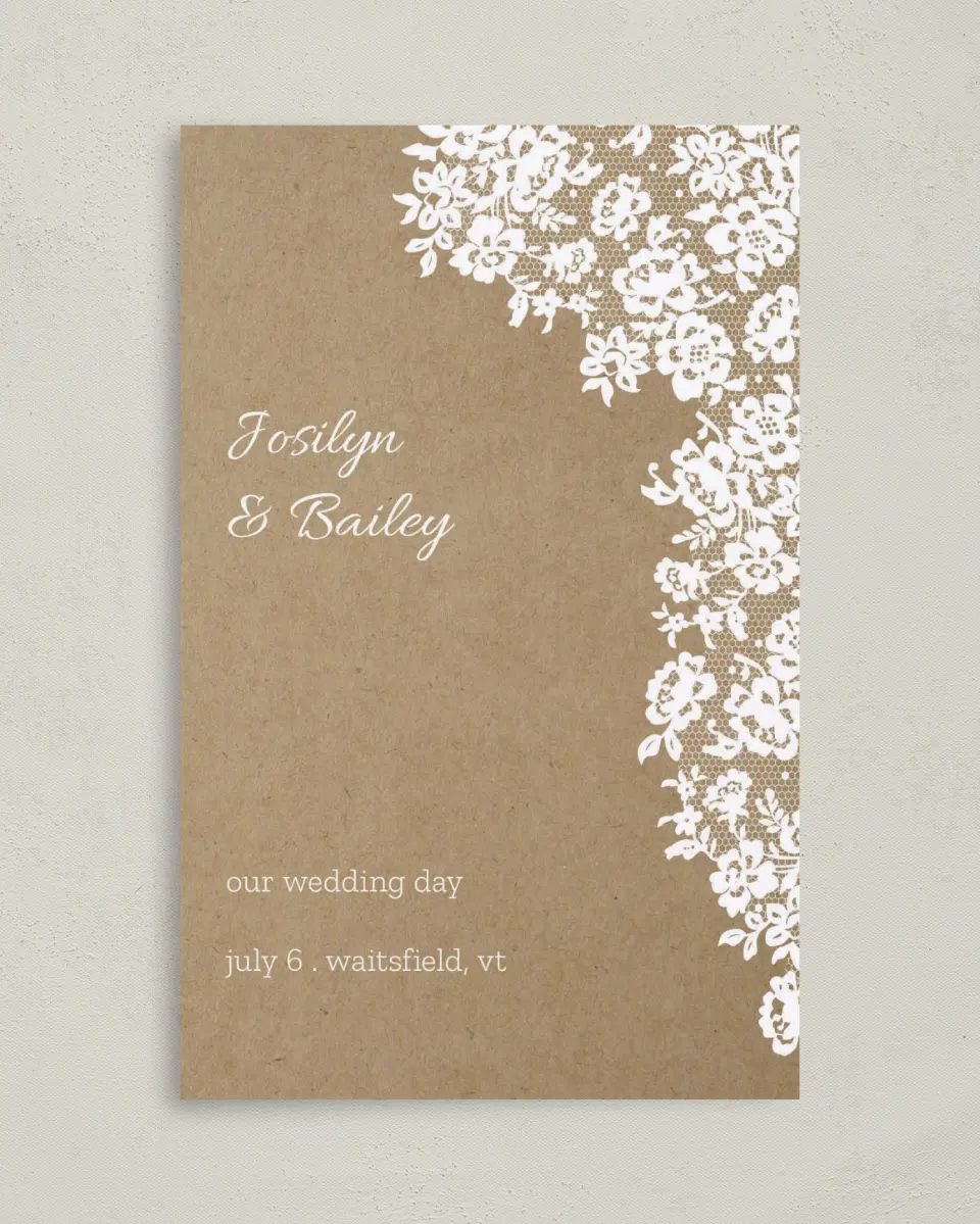 This is a 5" x 7⅞" Folded Half-fold Wedding Program called Floral Lace printed in full color on Premium Smooth paper