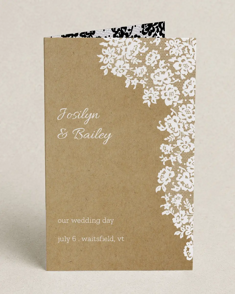 This is a 5" x 7⅞" Folded Half-fold Wedding Program called Floral Lace printed in full color on Premium Smooth paper
